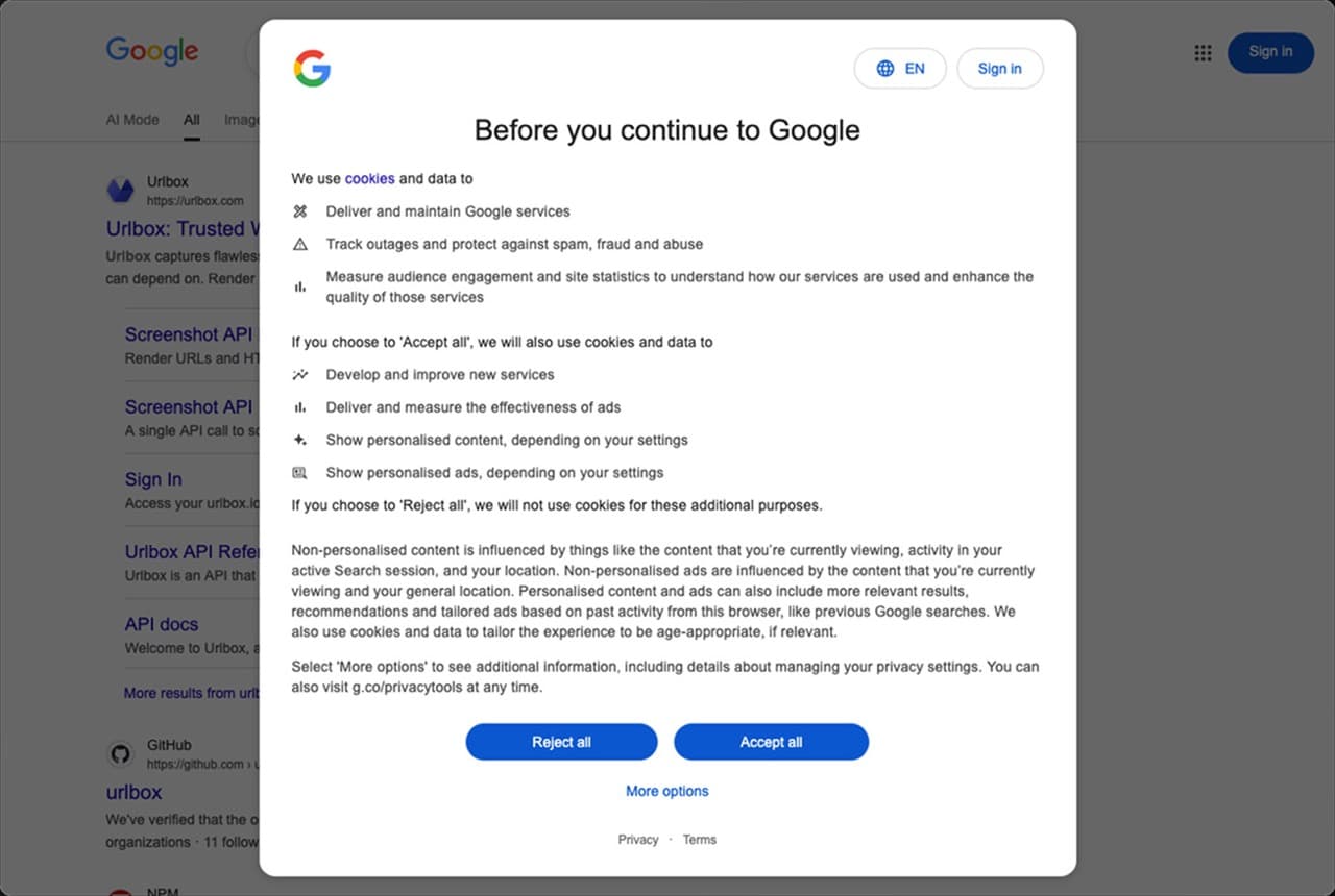Google with cookie banner