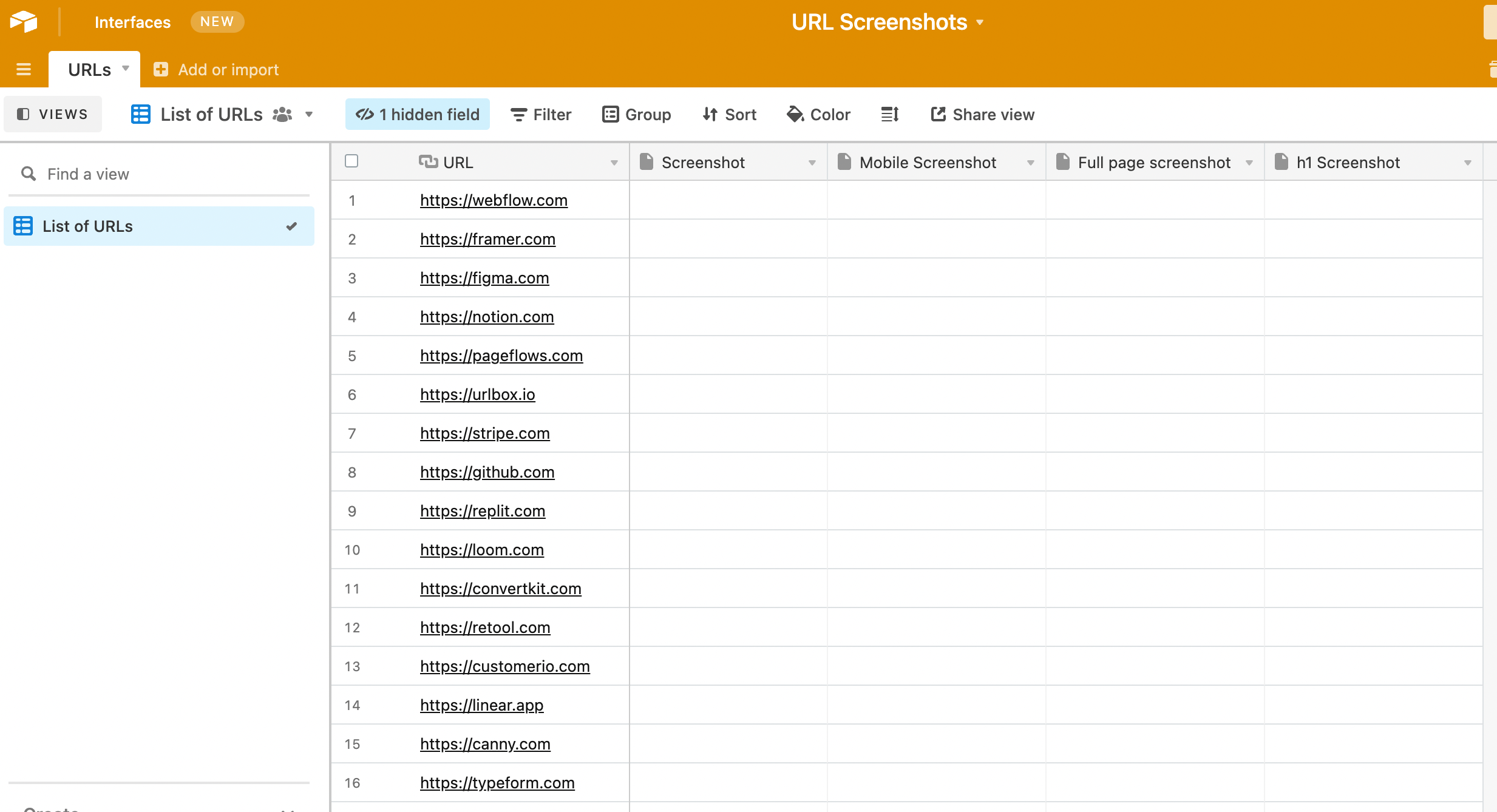 airtable base with list of urls