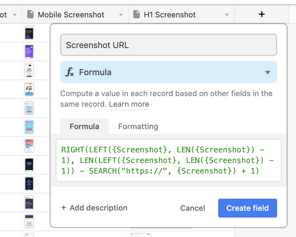 screenshot url column