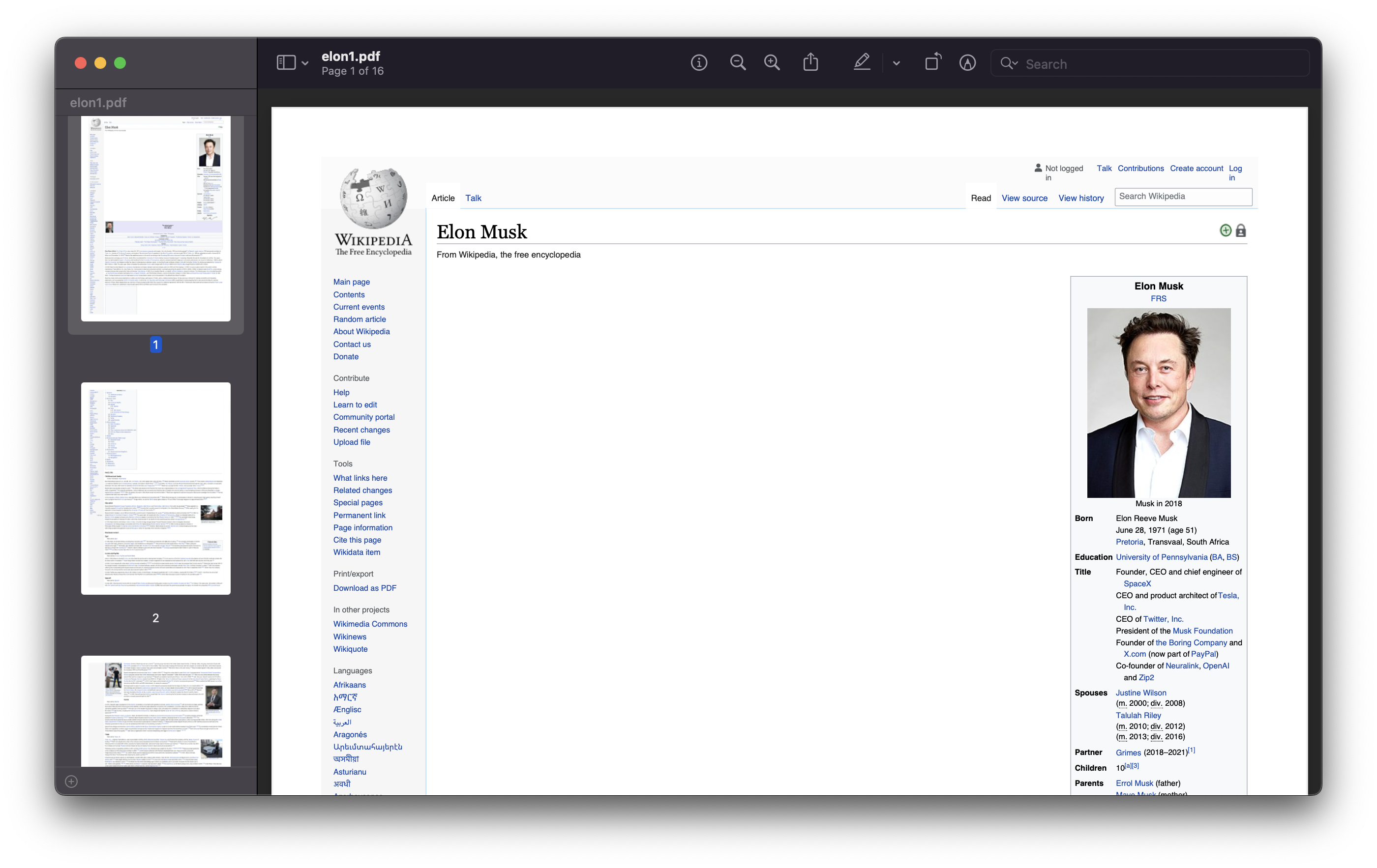 Image of generated Elon's PDF using pdfkit