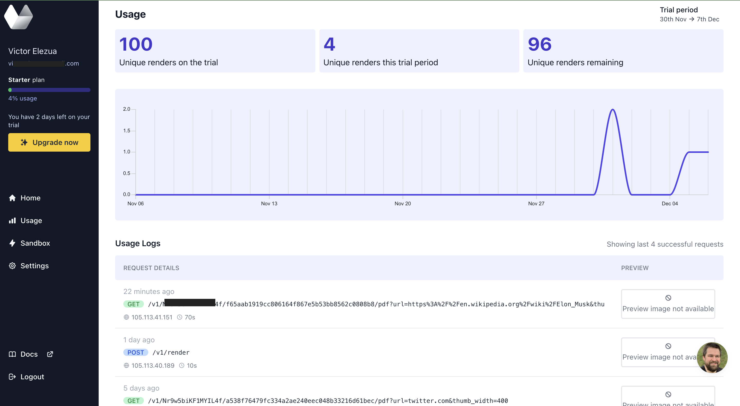 Urlbox usage dashboard