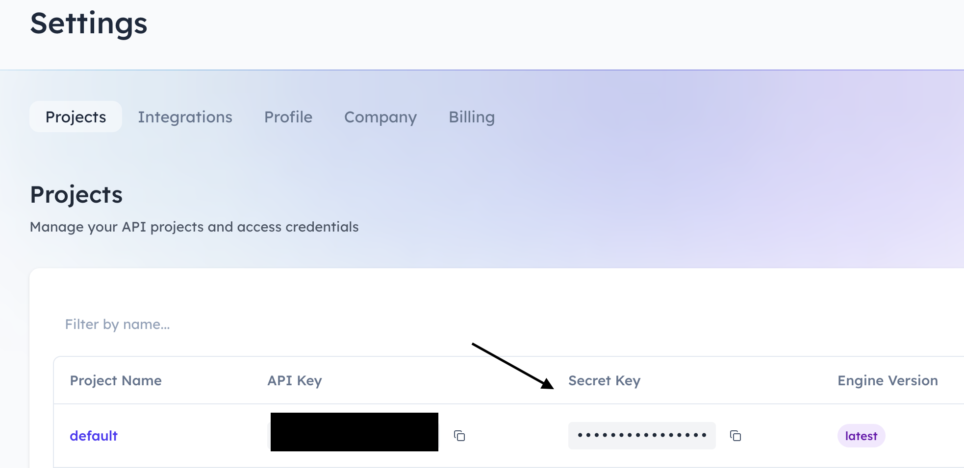 The Urlbox dashboard showing where to find the secret key.
