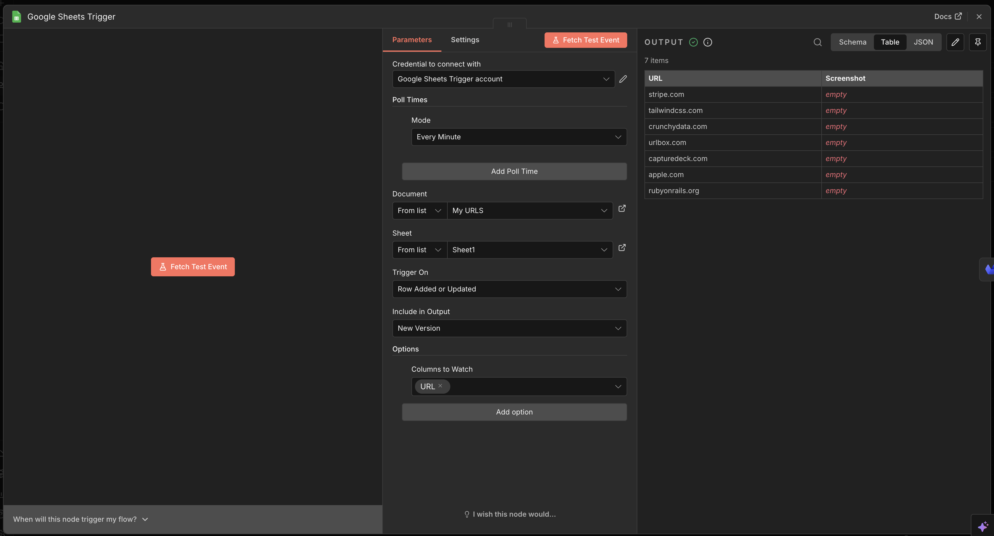 The N8N config modal for Google sheets, illustrating the configuration setup for this example.