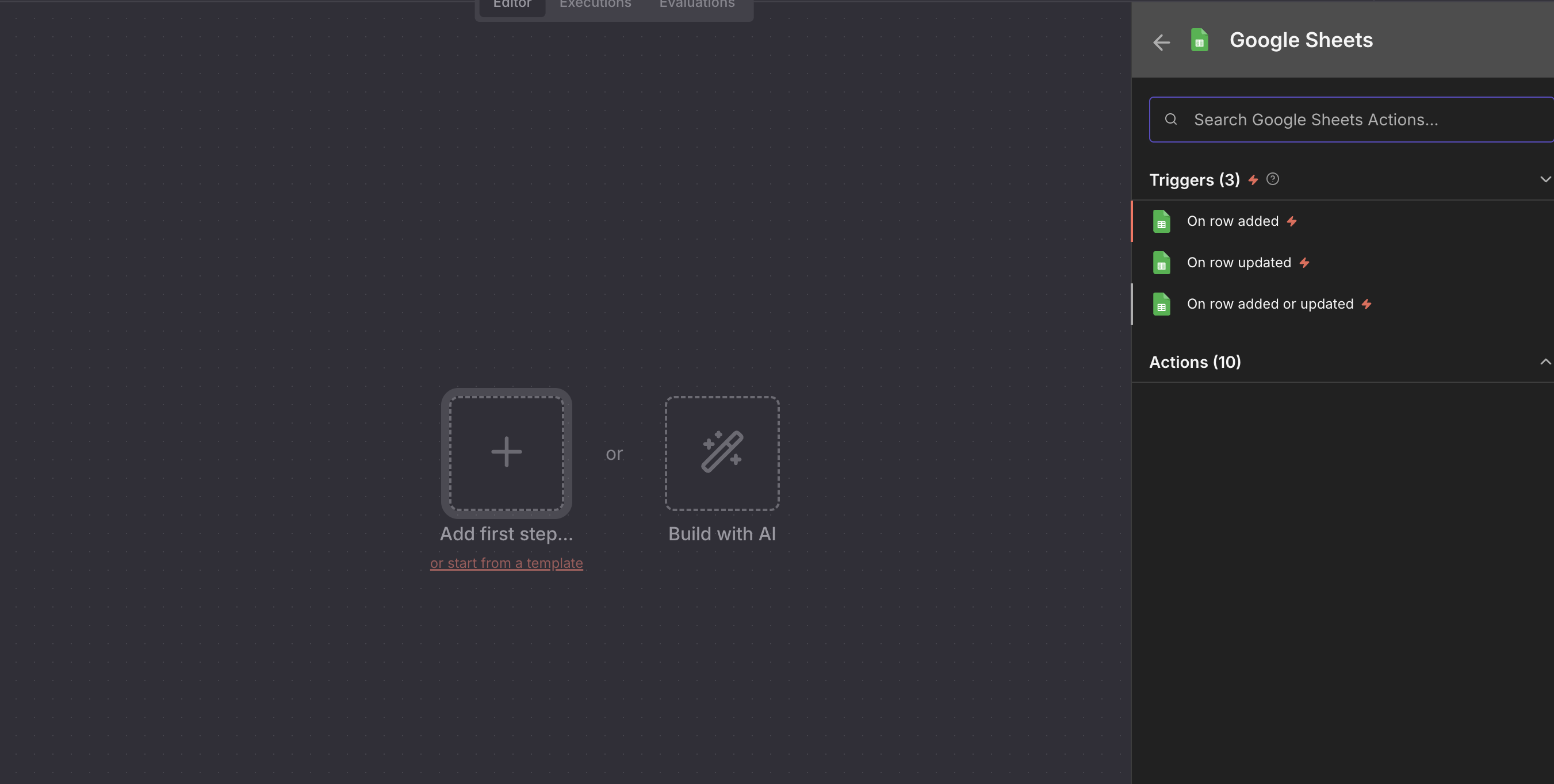 The N8N menu when searching for Google sheets, showing where the trigger to be selected is