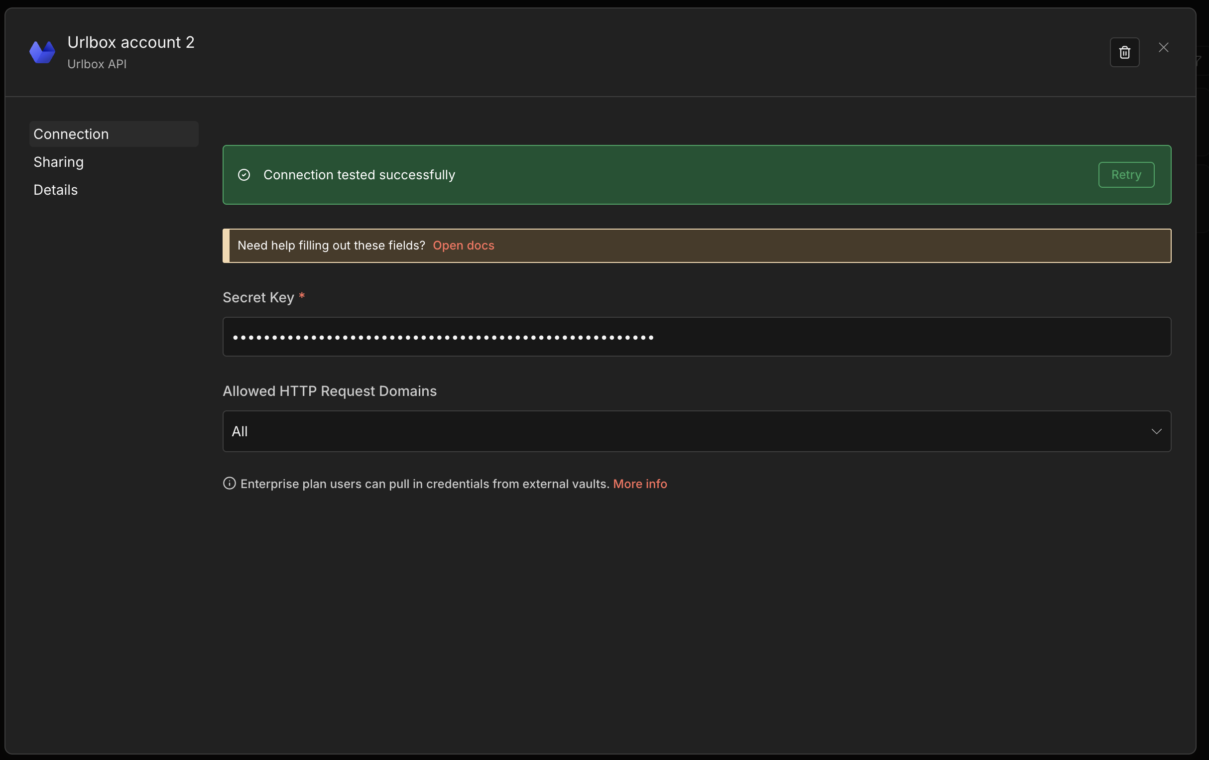 The N8N Urlbox credential modal where to place the secret key.