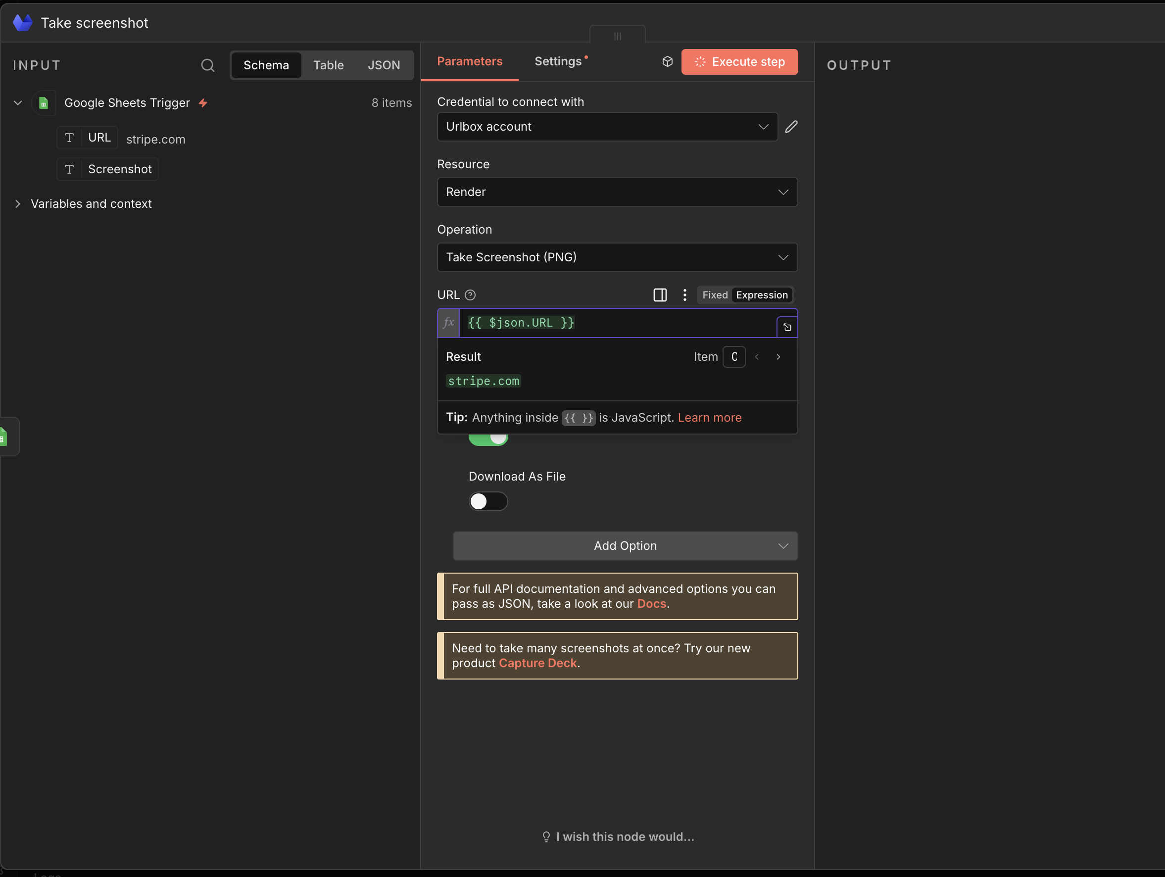 Showing the reader how it looks once the URL badge has been clicked and dragged into the URL parameter of the Urlbox config