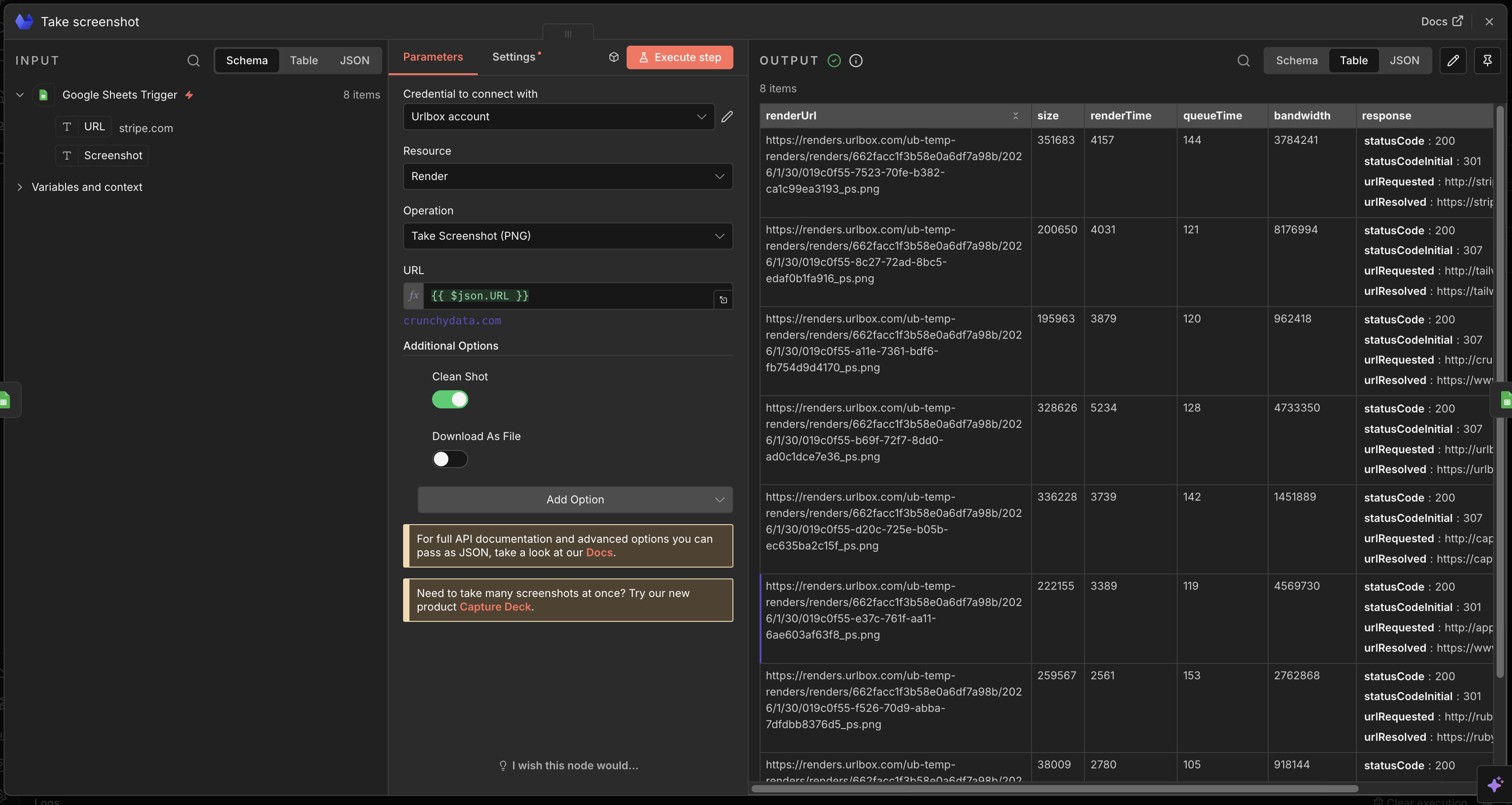 How the result of a test execution should look in the output section of the N8N Urlbox node