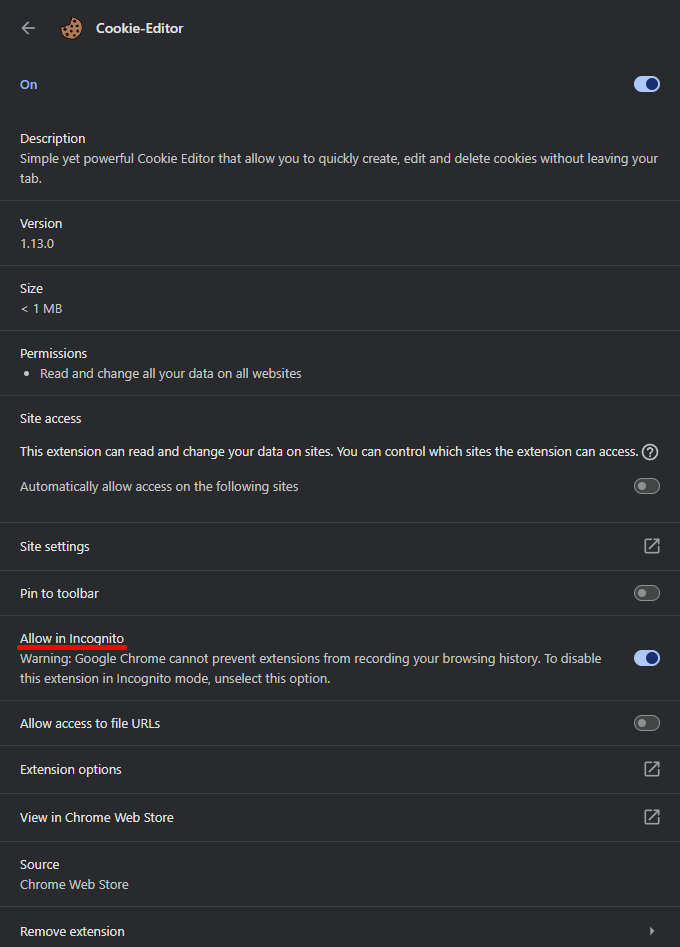 Screenshot highlighting the Allow in Incognito option halfway through the options