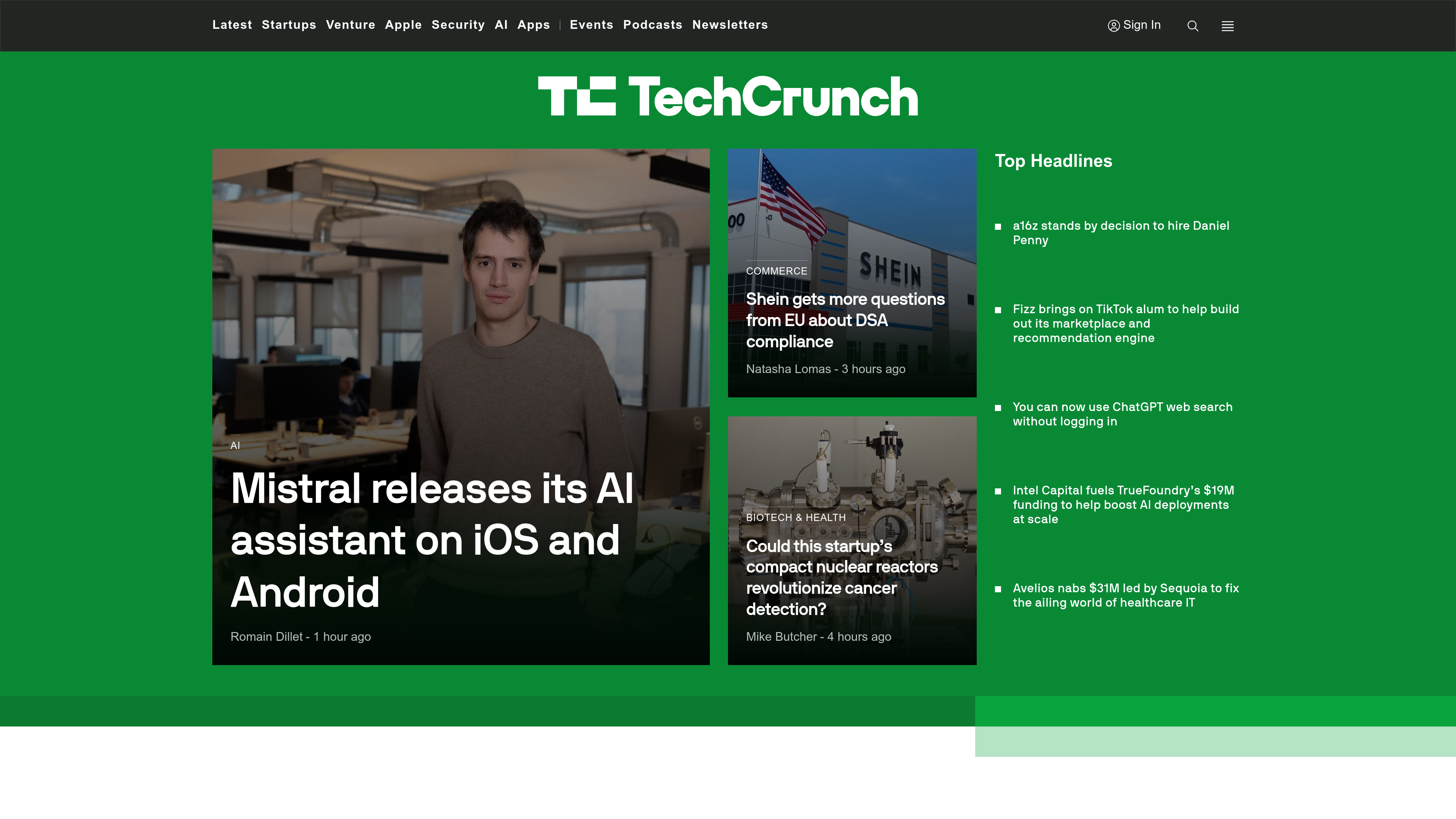 The TechCrunch homepage screenshot taken by Urlbox