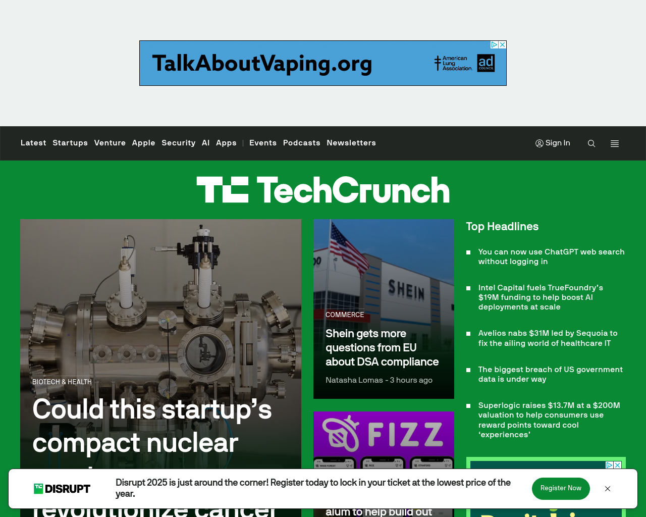 The screenshot PuppeteerSharp took of the TechCrunch homepage