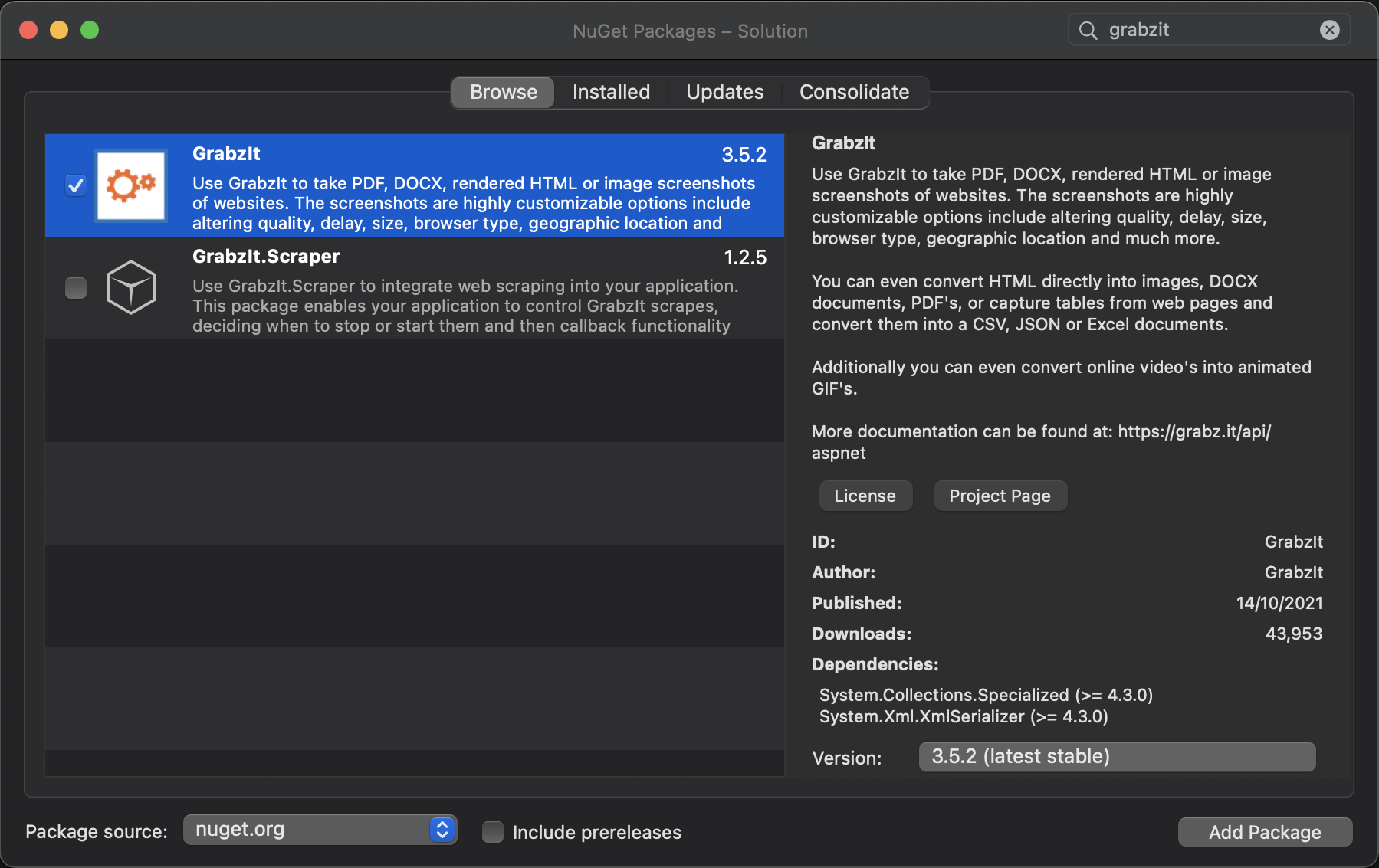 C# GrabzIt NuGet package